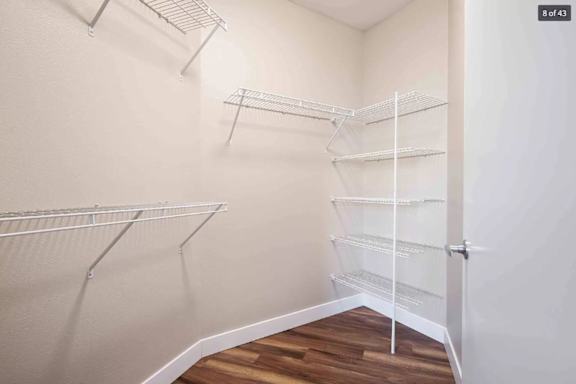 Walk in closet in a home with white walls and shelves at The Pacifica Apartments, Tacoma