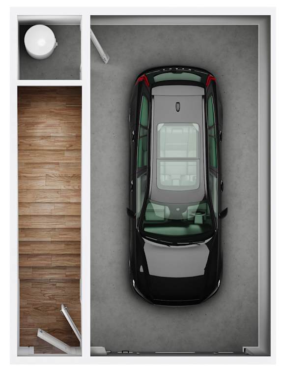 A black car is parked in a garage next to a white wall and a wooden floor.