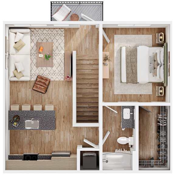 Floor Plan  A series of images showing a top-down view of a room with a bed, a couch, a table, and a bathtub.