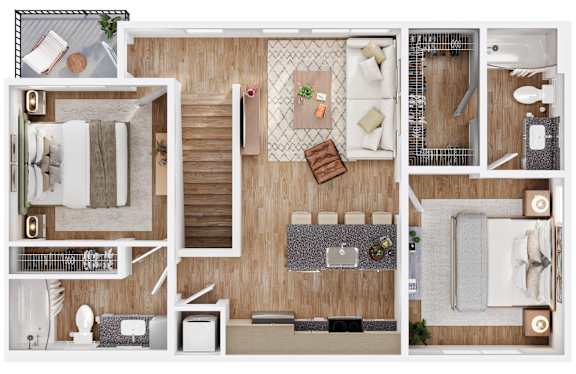 Floor Plan  A top-down view of a small apartment layout with a kitchen, living room, and bathroom.