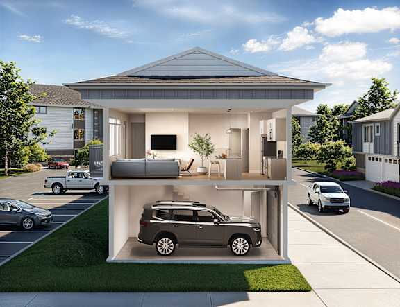 A modern house with a car garage is shown in the image.