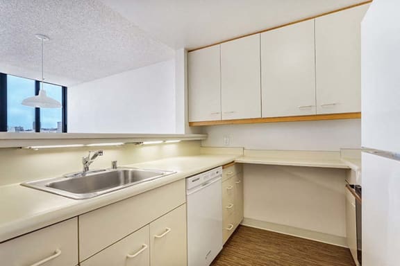a kitchen with a sink a dishwasher and a window