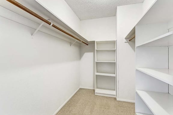 a walk in closet in a bedroom