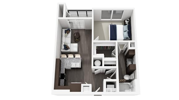 A top down view of a small apartment with a kitchen, living room, and bedroom.