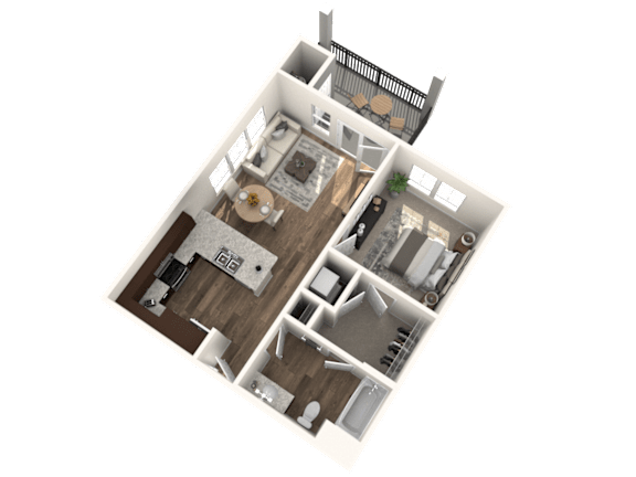 A 3D floor plan of a house with a kitchen, living room, and two bedrooms.