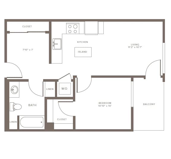 A floor plan of a small apartment with a kitchen, bathroom, and bedroom.