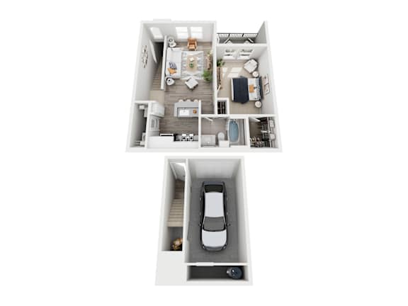 A top and bottom view of a small apartment with a car in the garage.