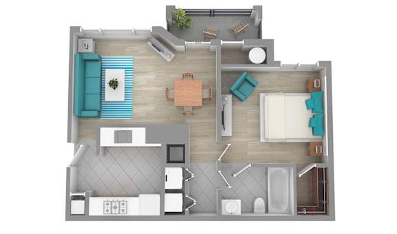 A top-down view of a small apartment with a kitchen, living room, and bathroom.