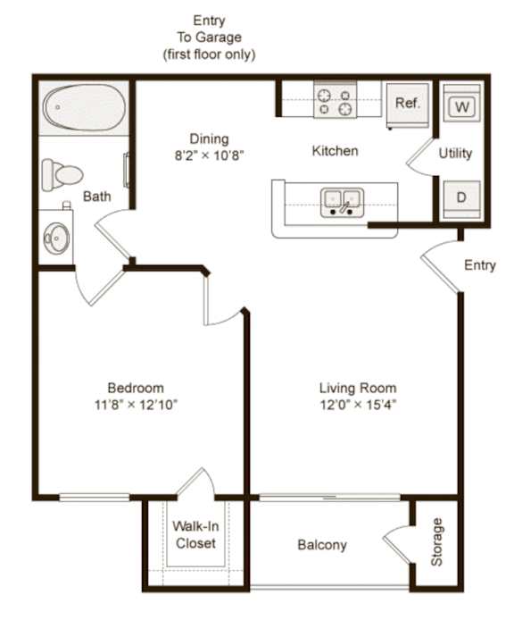 A floor plan of a one bedroom apartment with a living room, dining room, kitchen, and bath.