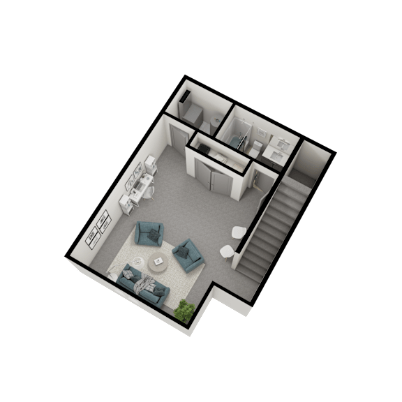 A top-down view of a house layout with a living room, kitchen, and staircase.