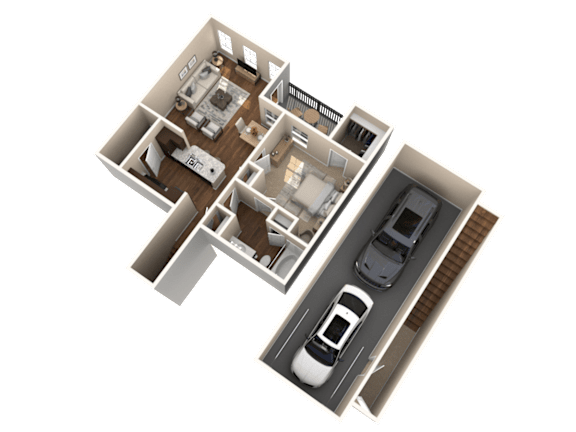 Floor Plan  A 3D rendered image of a house layout with a garage.