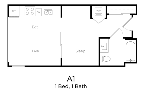 a floor plan of 1 bed 1 bath