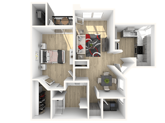 A 3D rendered image of a small apartment layout.