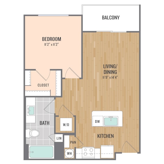 A floor plan of a balcony apartment with a bedroom, living/dining area, kitchen, bathroom, and closet.