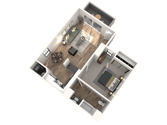 A top-down view of a house layout with a living room, kitchen, dining area, and one bedroom.