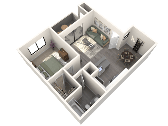 A 3D floor plan of a house with a living room, kitchen, and one bedroom.