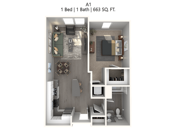 A 1 Bed 1 Bath apartment with 663 square feet.
