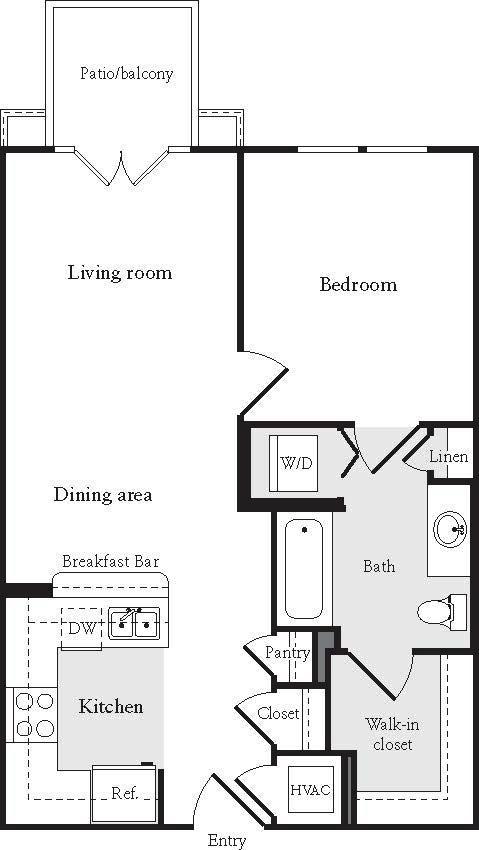 A floor plan of a house with a living room, dining area, kitchen, and bathroom.