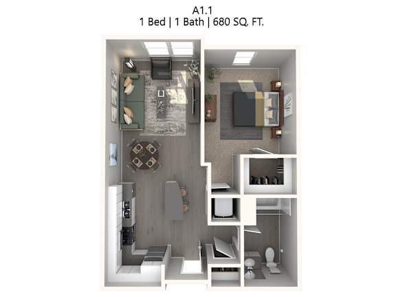 A 1 bedroom apartment with a bathroom and a kitchen.