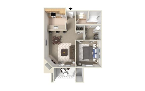 a stylized floor plan with a bedroom and a living room