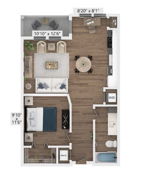 A floor plan of a room with a dining table, a couch, and a bed.