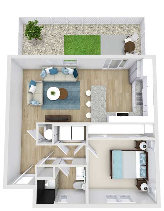 A 3D floor plan of a small apartment with a living room, kitchen, and bathroom.