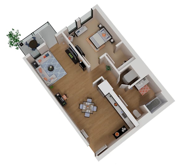 A top down view of a small apartment with a kitchen, living room, and dining area.