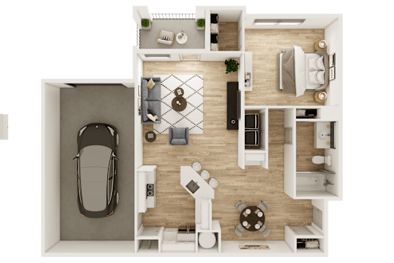A top-down view of a small apartment with a car parked in the garage.