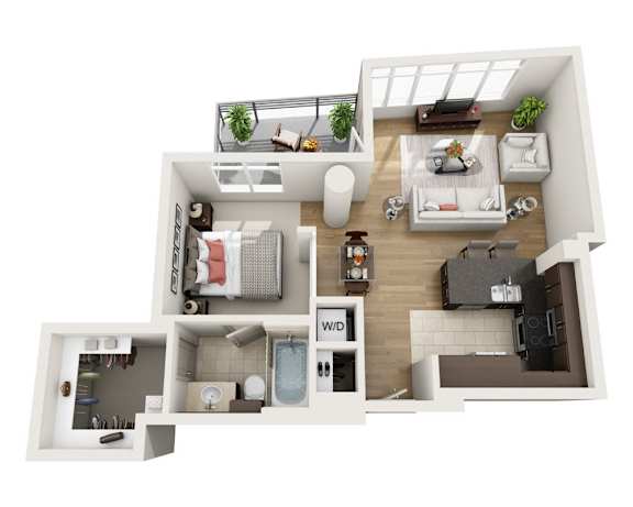 Floor Plan  A 3D floor plan of a small apartment with a living room, kitchen, and bathroom.