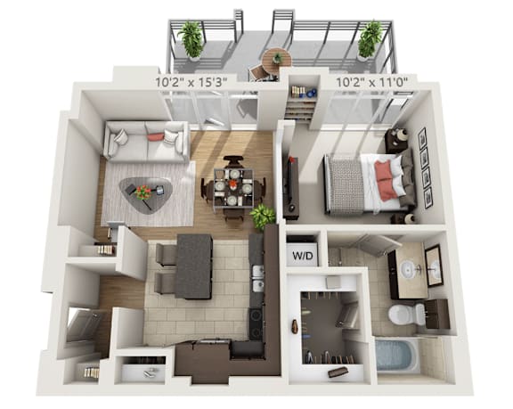 A floor plan of a small apartment with a loft area, kitchen, and bathroom.