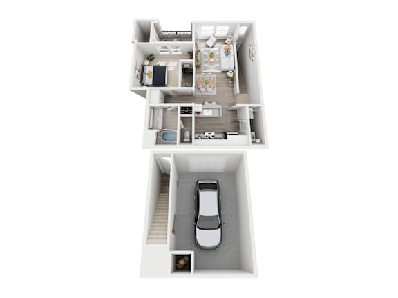 A top down view of a house with a car parked in the driveway.