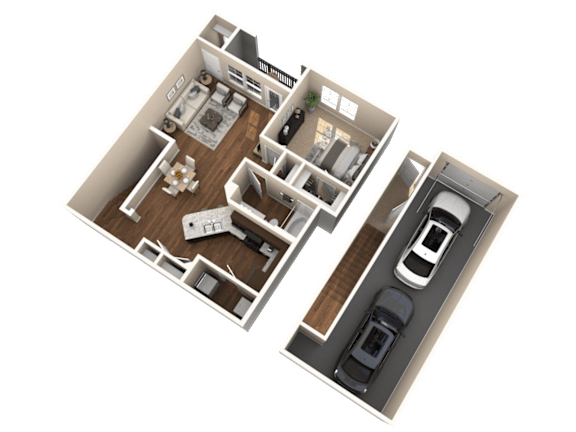 A 3D floor plan of a house showing a living room, kitchen, and two bedrooms.