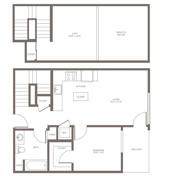 A floor plan of a house with a loft, kitchen, living room, and bathroom.