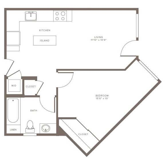 A floor plan of a small apartment with a kitchen, bathroom, and two closets.