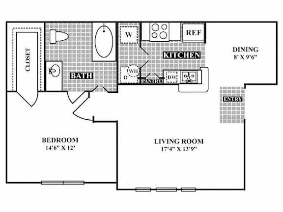 A floor plan of a house with a living room, dining room, kitchen, bathroom, and bedroom.