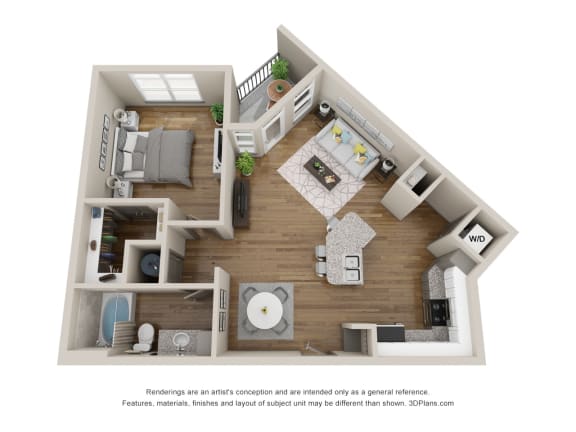 this is a 3d floor plan of a 590 square foot 1 bedroom apartment at the
