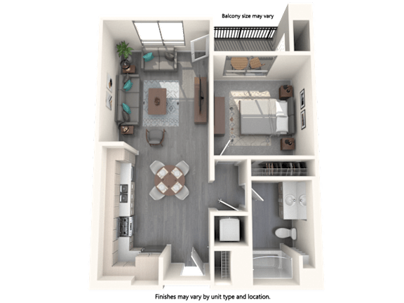 A 3D floor plan of a small apartment with a note that balcony size may vary and finishes may vary by unit type and location.