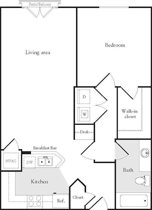 A floor plan of a room with a living area, kitchen, bath, and bedroom.