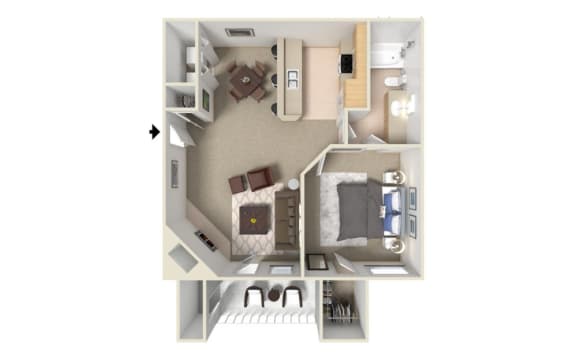 a stylized floor plan with a bedroom and a living room