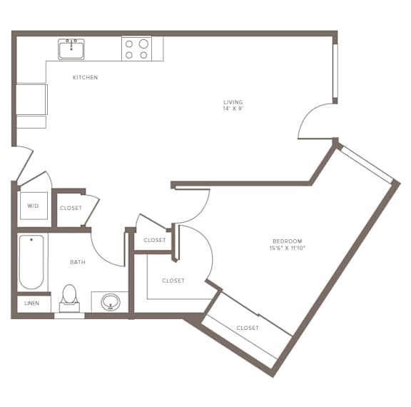 A floor plan of a home with a kitchen, living room, bedroom, and bathroom.