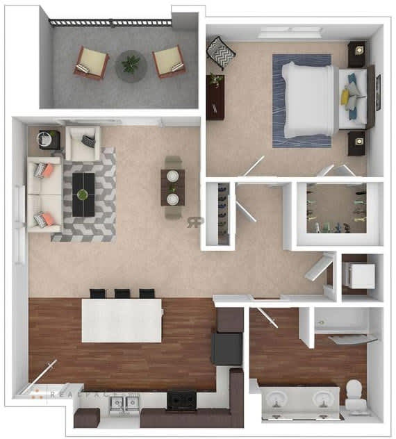 A floor plan of a house with a kitchen, living room, and two bedrooms.