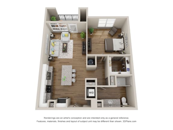 this is a 3d floor plan of a 837 square foot 1 bedroom apartment at the