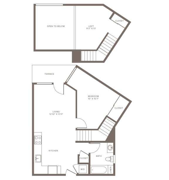 A floor plan of a house with a living room, kitchen, bedroom, bathroom and closet.