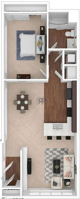 A floor plan of a small apartment with a bedroom, living room, and kitchen.