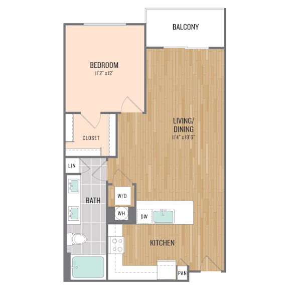 A floor plan of a balcony with a bedroom, living/dining area, kitchen, and bathroom.