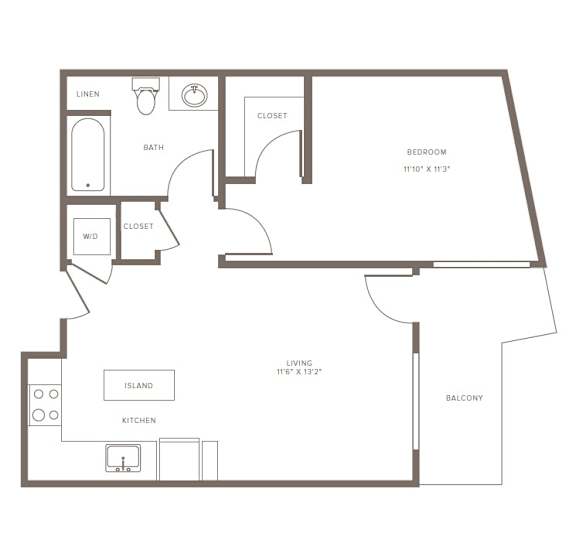 A floor plan of a small apartment with a living area, kitchen, and two bedrooms.