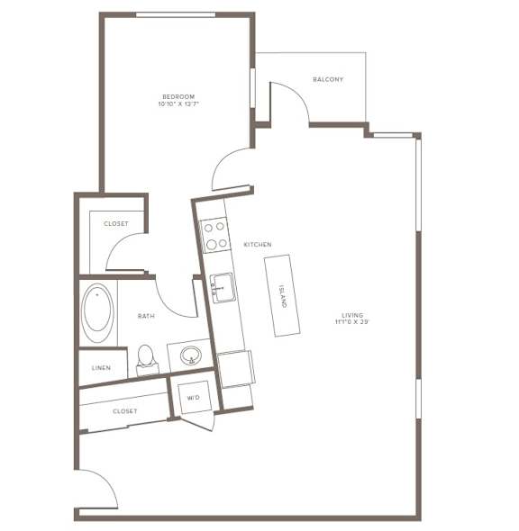 A floor plan of an apartment with a bedroom, living room, kitchen, bathroom, and closets.