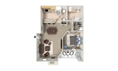 two bedrooms with a kitchen and a living room