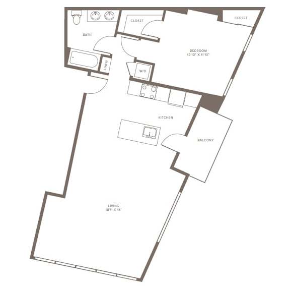 A floor plan of a house with a living room, kitchen, two bedrooms, a bathroom, and a balcony.