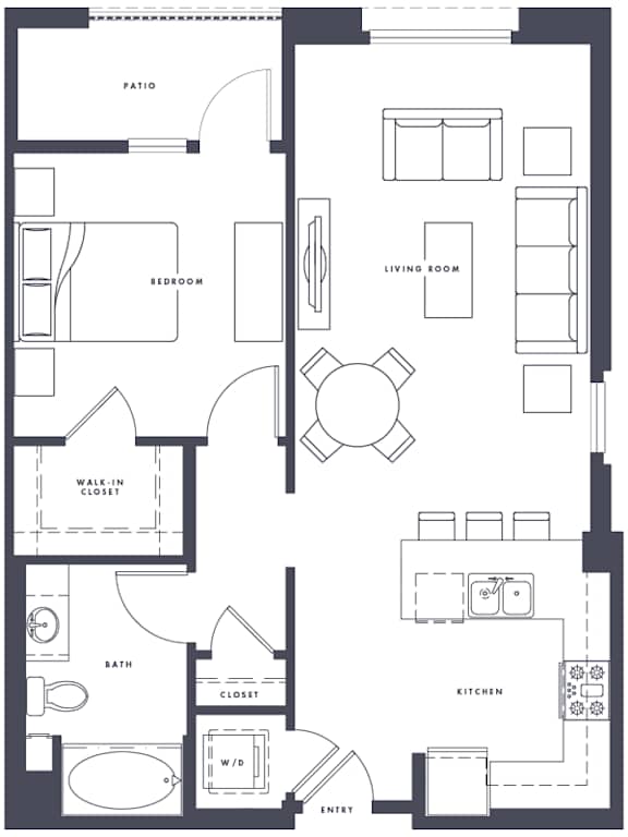 A black and white floor plan of a house with a patio, bedroom, living room, walk-in closet, bath, and kitchen.
